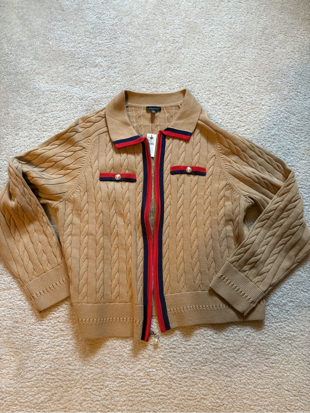 Talbots Camel Cable-Knit Zip Cardigan with Navy & Red Trim Accents